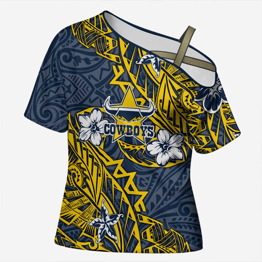 Personalised North Queensland Cowboys Cross Shoulder Shirt Polynesian Tribal Pattern With Rugby Bull Mascot Art
