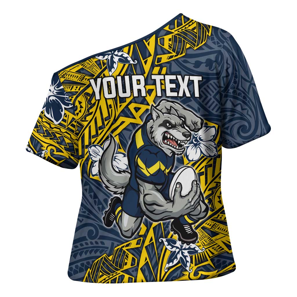 Personalised North Queensland Cowboys Cross Shoulder Shirt Polynesian Tribal Pattern With Rugby Bull Mascot Art
