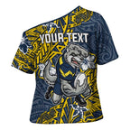 Personalised North Queensland Cowboys Cross Shoulder Shirt Polynesian Tribal Pattern With Rugby Bull Mascot Art