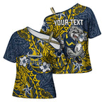 Personalised North Queensland Cowboys Cross Shoulder Shirt Polynesian Tribal Pattern With Rugby Bull Mascot Art