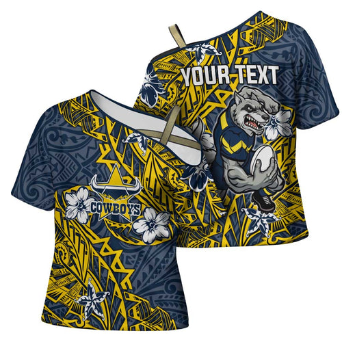 Personalised North Queensland Cowboys Cross Shoulder Shirt Polynesian Tribal Pattern With Rugby Bull Mascot Art