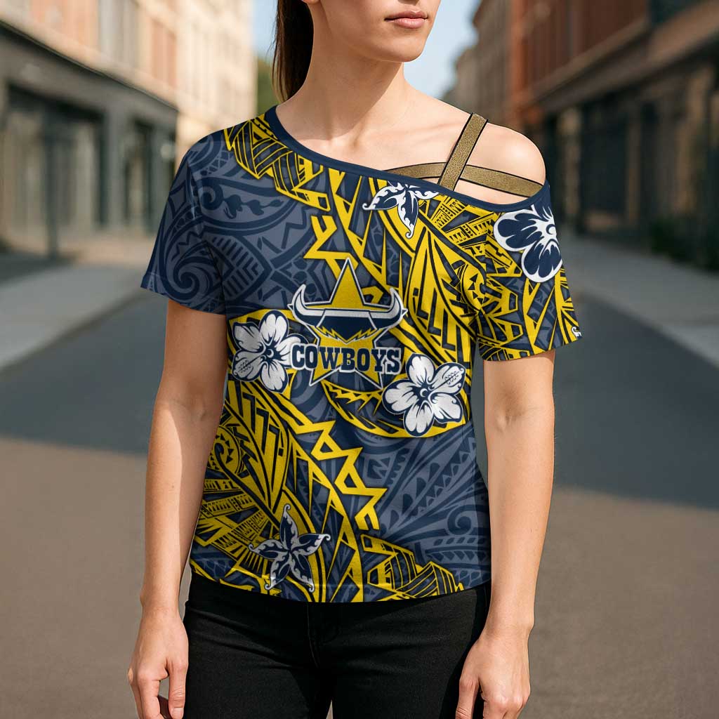 Personalised North Queensland Cowboys Cross Shoulder Shirt Polynesian Tribal Pattern With Rugby Bull Mascot Art