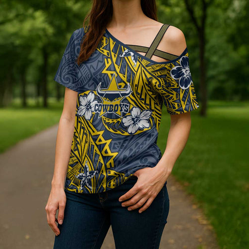 Personalised North Queensland Cowboys Cross Shoulder Shirt Polynesian Tribal Pattern With Rugby Bull Mascot Art