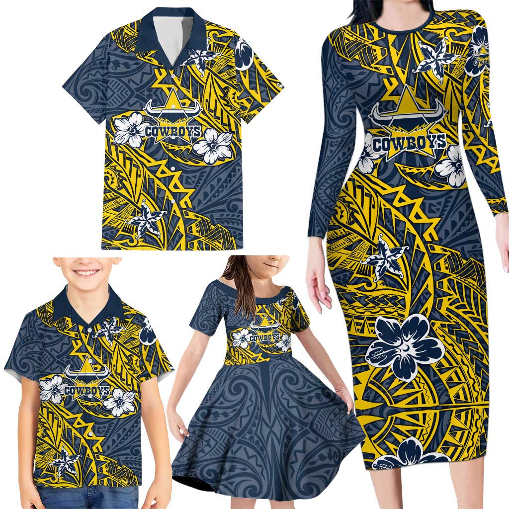 Personalised North Queensland Cowboys Family Matching Long Sleeve Bodycon Dress and Hawaiian Shirt Polynesian Tribal Pattern With Rugby Bull Mascot Art