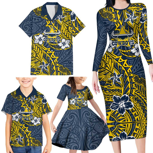 Personalised North Queensland Cowboys Family Matching Long Sleeve Bodycon Dress and Hawaiian Shirt Polynesian Tribal Pattern With Rugby Bull Mascot Art