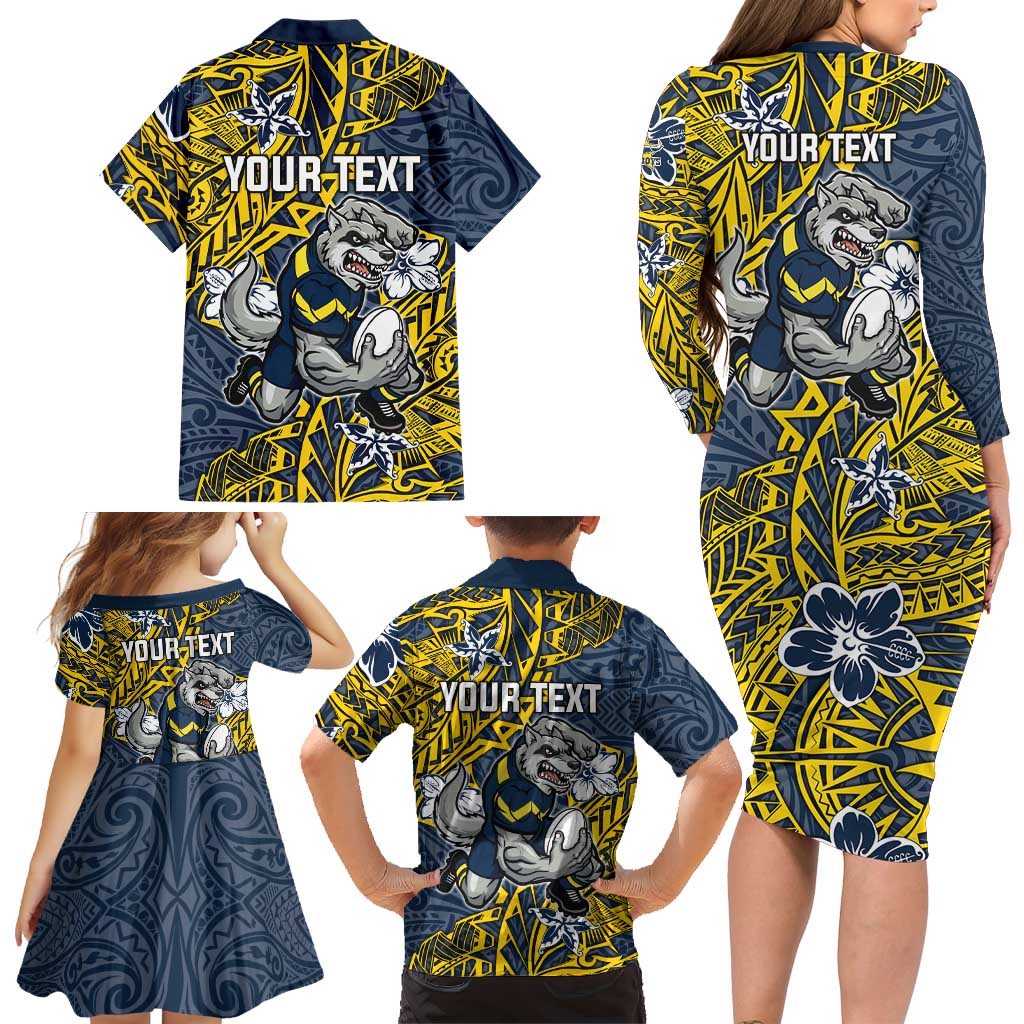 Personalised North Queensland Cowboys Family Matching Long Sleeve Bodycon Dress and Hawaiian Shirt Polynesian Tribal Pattern With Rugby Bull Mascot Art