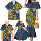 Personalised North Queensland Cowboys Family Matching Mermaid Dress and Hawaiian Shirt Polynesian Tribal Pattern With Rugby Bull Mascot Art
