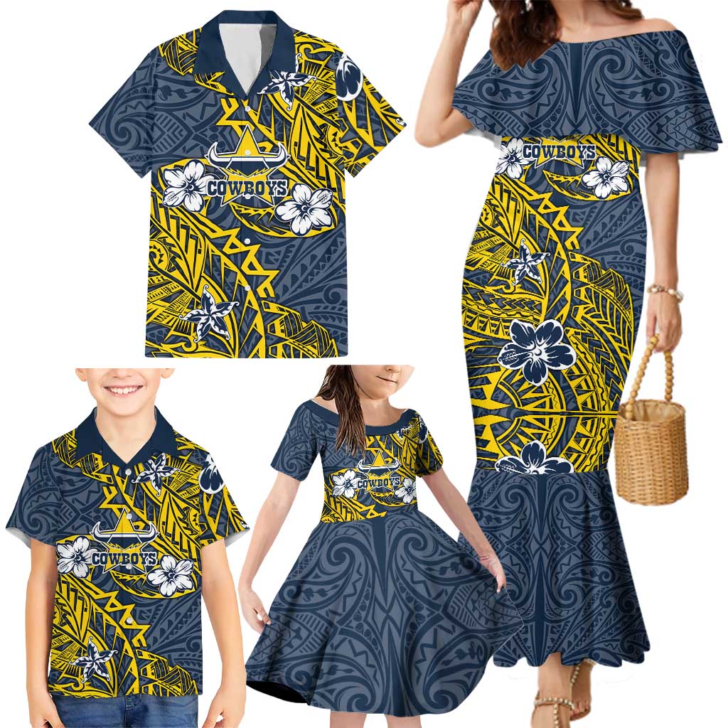 Personalised North Queensland Cowboys Family Matching Mermaid Dress and Hawaiian Shirt Polynesian Tribal Pattern With Rugby Bull Mascot Art