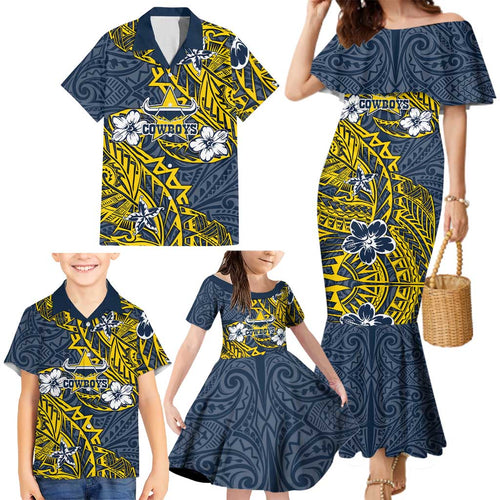 Personalised North Queensland Cowboys Family Matching Mermaid Dress and Hawaiian Shirt Polynesian Tribal Pattern With Rugby Bull Mascot Art