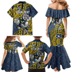 Personalised North Queensland Cowboys Family Matching Mermaid Dress and Hawaiian Shirt Polynesian Tribal Pattern With Rugby Bull Mascot Art