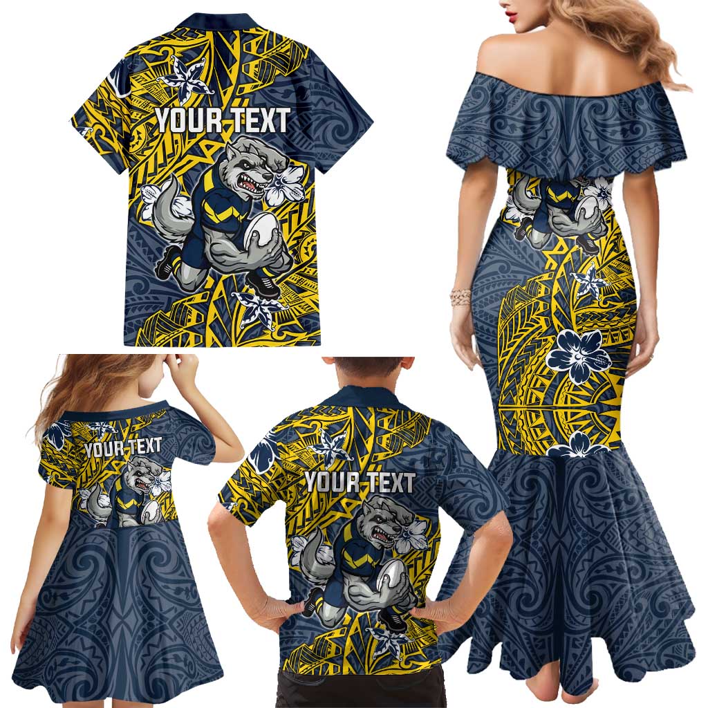 Personalised North Queensland Cowboys Family Matching Mermaid Dress and Hawaiian Shirt Polynesian Tribal Pattern With Rugby Bull Mascot Art
