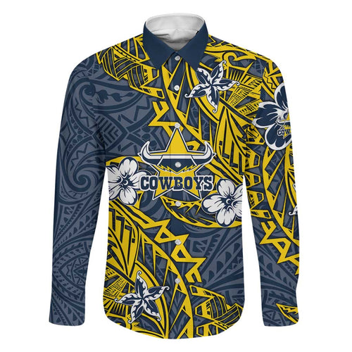 Personalised North Queensland Cowboys Family Matching Mermaid Dress and Hawaiian Shirt Polynesian Tribal Pattern With Rugby Bull Mascot Art