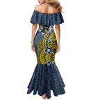 Personalised North Queensland Cowboys Family Matching Mermaid Dress and Hawaiian Shirt Polynesian Tribal Pattern With Rugby Bull Mascot Art