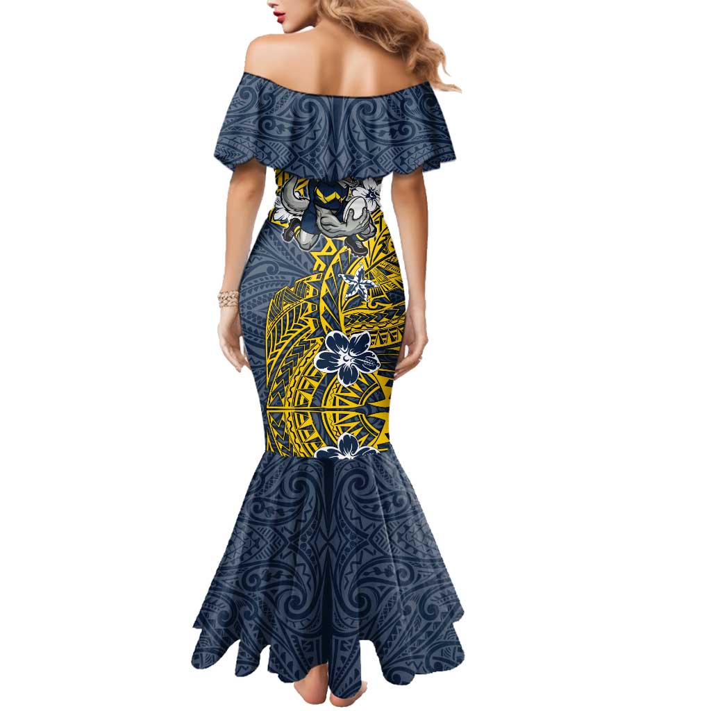 Personalised North Queensland Cowboys Family Matching Mermaid Dress and Hawaiian Shirt Polynesian Tribal Pattern With Rugby Bull Mascot Art