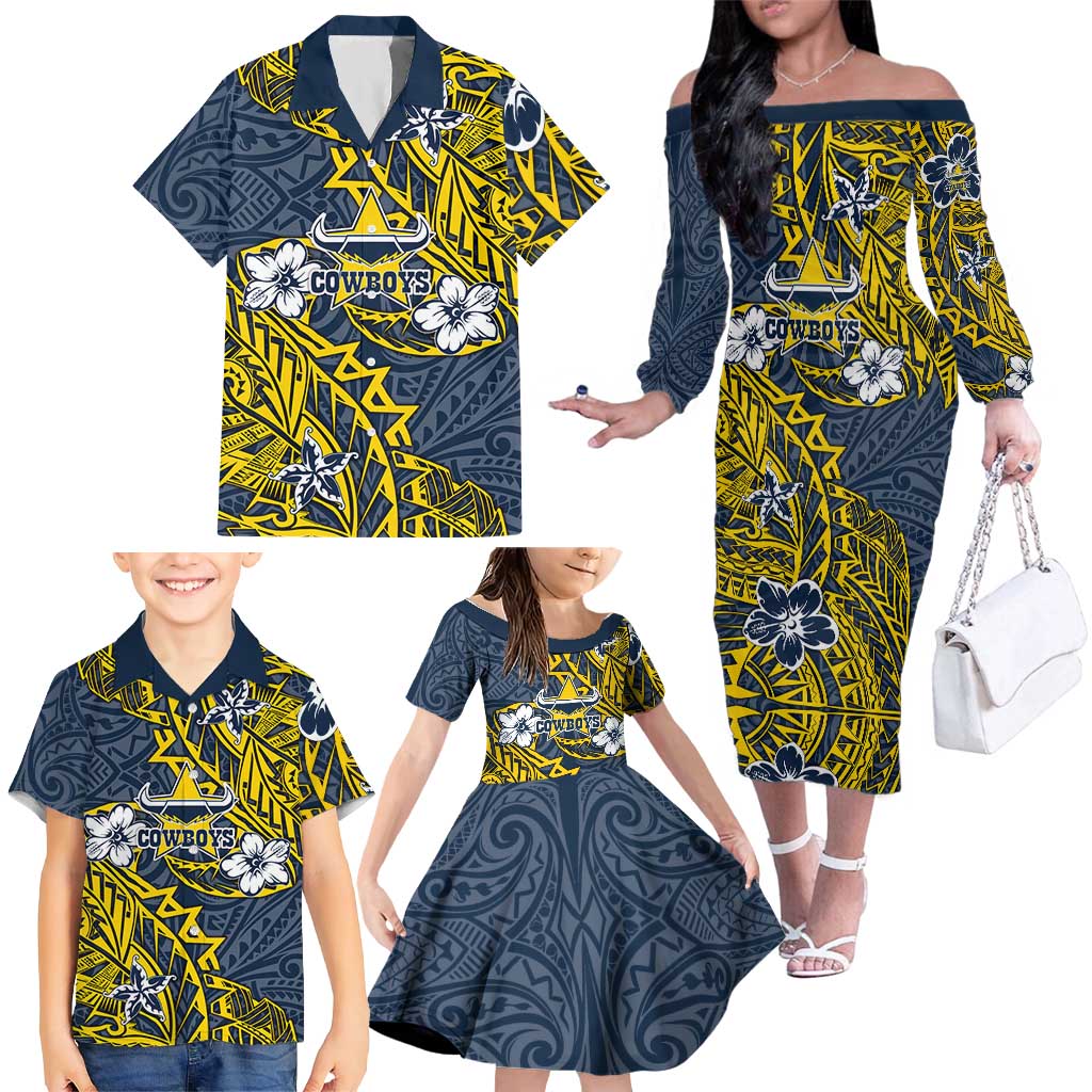 Personalised North Queensland Cowboys Family Matching Off The Shoulder Long Sleeve Dress and Hawaiian Shirt Polynesian Tribal Pattern With Rugby Bull Mascot Art