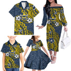 Personalised North Queensland Cowboys Family Matching Off The Shoulder Long Sleeve Dress and Hawaiian Shirt Polynesian Tribal Pattern With Rugby Bull Mascot Art