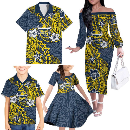 Personalised North Queensland Cowboys Family Matching Off The Shoulder Long Sleeve Dress and Hawaiian Shirt Polynesian Tribal Pattern With Rugby Bull Mascot Art