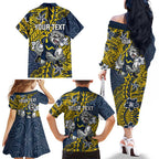 Personalised North Queensland Cowboys Family Matching Off The Shoulder Long Sleeve Dress and Hawaiian Shirt Polynesian Tribal Pattern With Rugby Bull Mascot Art