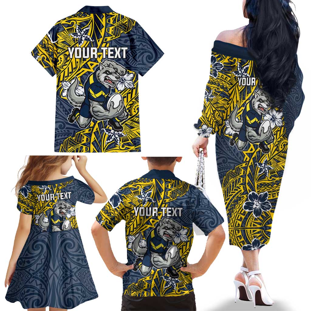 Personalised North Queensland Cowboys Family Matching Off The Shoulder Long Sleeve Dress and Hawaiian Shirt Polynesian Tribal Pattern With Rugby Bull Mascot Art