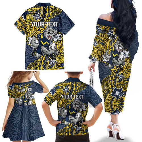 Personalised North Queensland Cowboys Family Matching Off The Shoulder Long Sleeve Dress and Hawaiian Shirt Polynesian Tribal Pattern With Rugby Bull Mascot Art