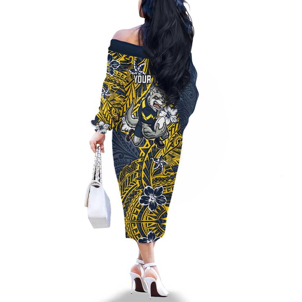 Personalised North Queensland Cowboys Family Matching Off The Shoulder Long Sleeve Dress and Hawaiian Shirt Polynesian Tribal Pattern With Rugby Bull Mascot Art
