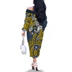 Personalised North Queensland Cowboys Family Matching Off The Shoulder Long Sleeve Dress and Hawaiian Shirt Polynesian Tribal Pattern With Rugby Bull Mascot Art