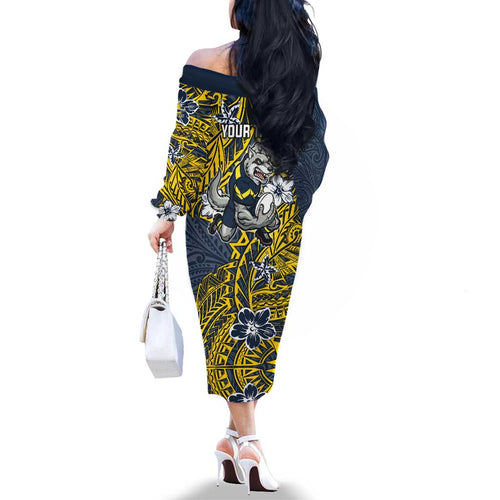 Personalised North Queensland Cowboys Family Matching Off The Shoulder Long Sleeve Dress and Hawaiian Shirt Polynesian Tribal Pattern With Rugby Bull Mascot Art