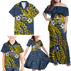 Personalised North Queensland Cowboys Family Matching Off Shoulder Maxi Dress and Hawaiian Shirt Polynesian Tribal Pattern With Rugby Bull Mascot Art