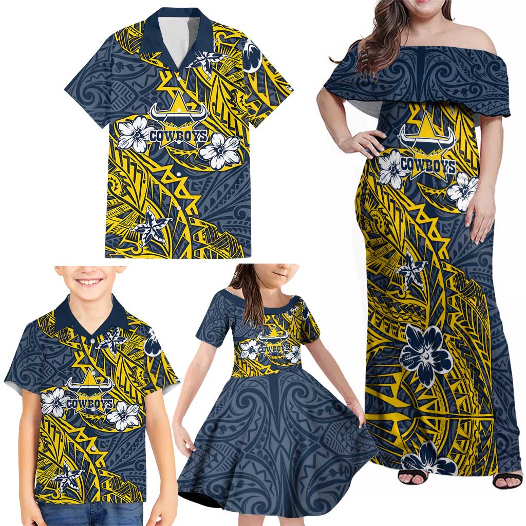 Personalised North Queensland Cowboys Family Matching Off Shoulder Maxi Dress and Hawaiian Shirt Polynesian Tribal Pattern With Rugby Bull Mascot Art