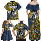Personalised North Queensland Cowboys Family Matching Off Shoulder Maxi Dress and Hawaiian Shirt Polynesian Tribal Pattern With Rugby Bull Mascot Art