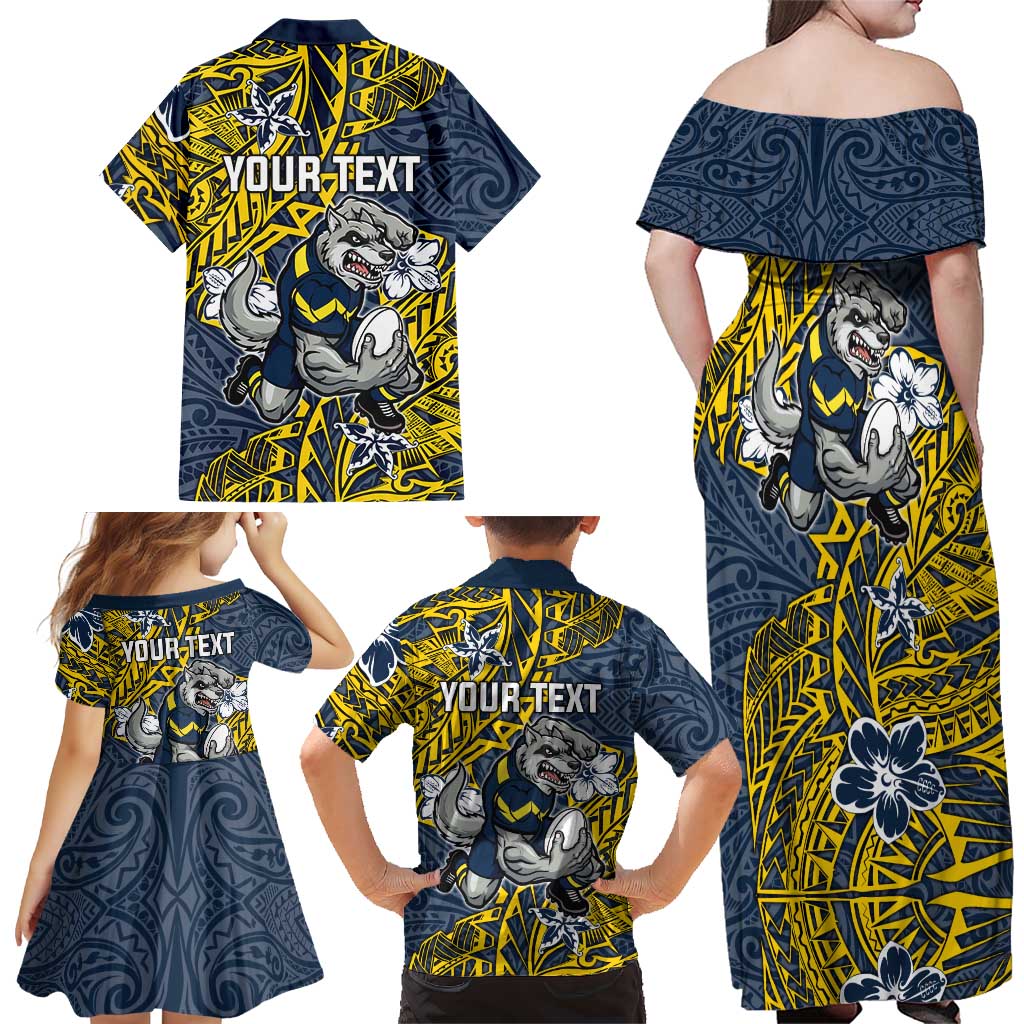 Personalised North Queensland Cowboys Family Matching Off Shoulder Maxi Dress and Hawaiian Shirt Polynesian Tribal Pattern With Rugby Bull Mascot Art