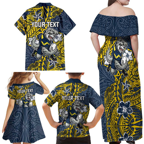Personalised North Queensland Cowboys Family Matching Off Shoulder Maxi Dress and Hawaiian Shirt Polynesian Tribal Pattern With Rugby Bull Mascot Art