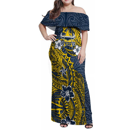 Personalised North Queensland Cowboys Family Matching Off Shoulder Maxi Dress and Hawaiian Shirt Polynesian Tribal Pattern With Rugby Bull Mascot Art