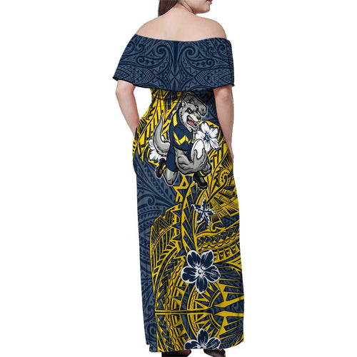 Personalised North Queensland Cowboys Family Matching Off Shoulder Maxi Dress and Hawaiian Shirt Polynesian Tribal Pattern With Rugby Bull Mascot Art