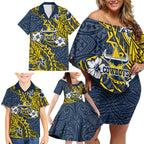 Personalised North Queensland Cowboys Family Matching Off Shoulder Short Dress and Hawaiian Shirt Polynesian Tribal Pattern With Rugby Bull Mascot Art