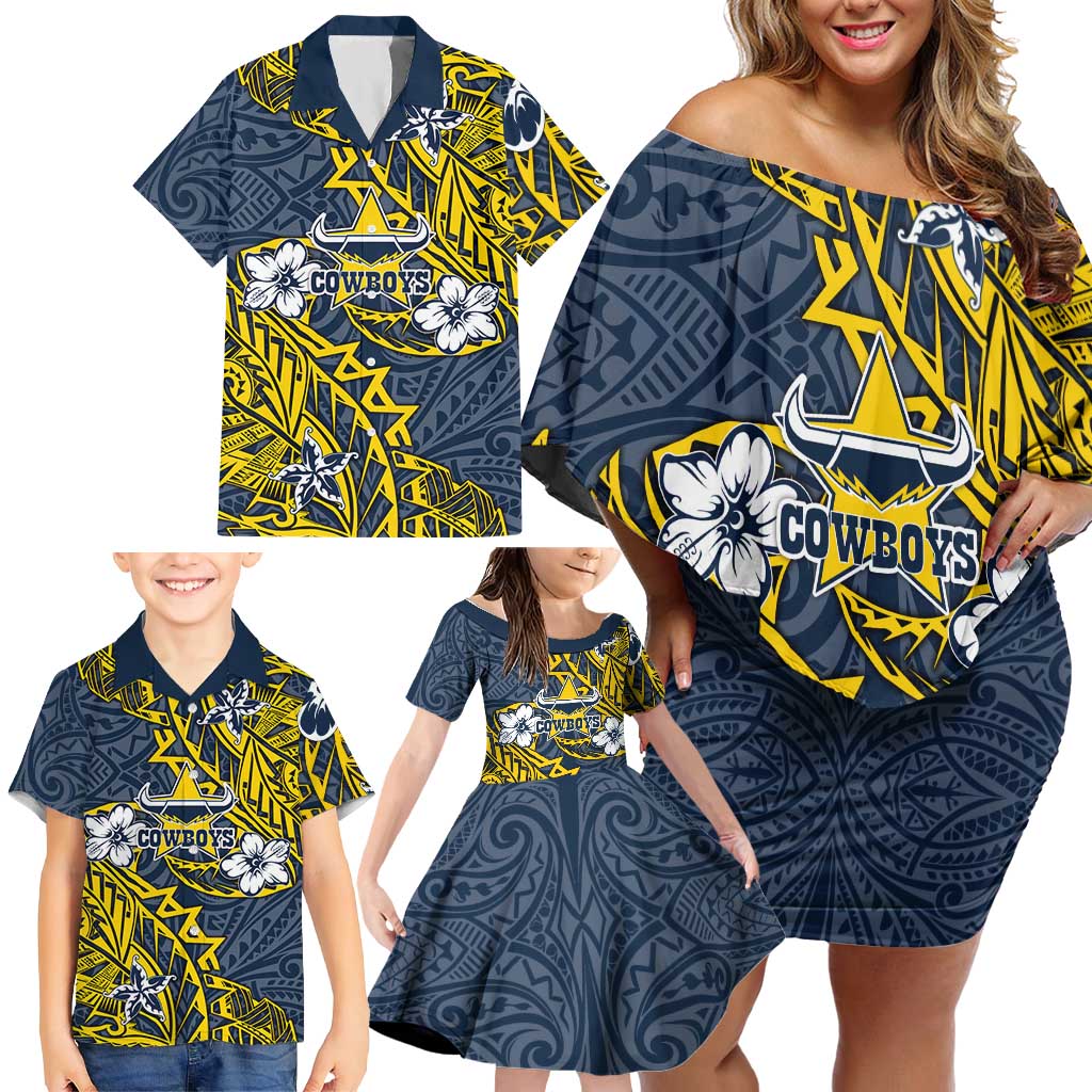 Personalised North Queensland Cowboys Family Matching Off Shoulder Short Dress and Hawaiian Shirt Polynesian Tribal Pattern With Rugby Bull Mascot Art