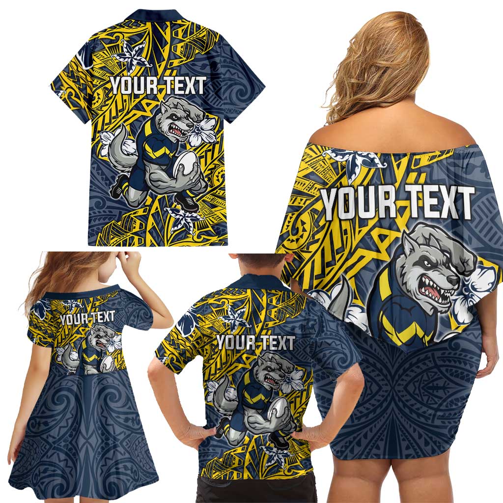 Personalised North Queensland Cowboys Family Matching Off Shoulder Short Dress and Hawaiian Shirt Polynesian Tribal Pattern With Rugby Bull Mascot Art