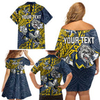 Personalised North Queensland Cowboys Family Matching Off Shoulder Short Dress and Hawaiian Shirt Polynesian Tribal Pattern With Rugby Bull Mascot Art