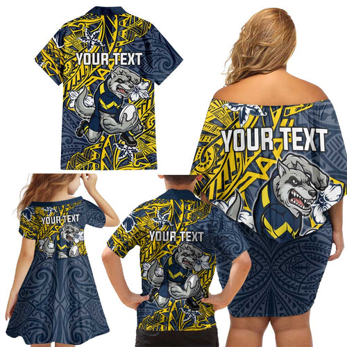 Personalised North Queensland Cowboys Family Matching Off Shoulder Short Dress and Hawaiian Shirt Polynesian Tribal Pattern With Rugby Bull Mascot Art