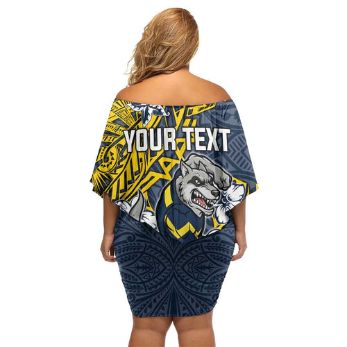 Personalised North Queensland Cowboys Family Matching Off Shoulder Short Dress and Hawaiian Shirt Polynesian Tribal Pattern With Rugby Bull Mascot Art