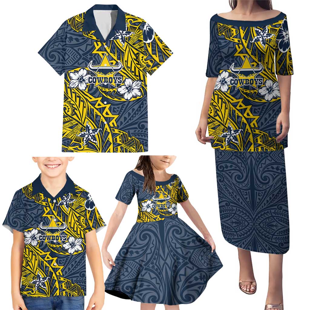 Personalised North Queensland Cowboys Family Matching Puletasi and Hawaiian Shirt Polynesian Tribal Pattern With Rugby Bull Mascot Art