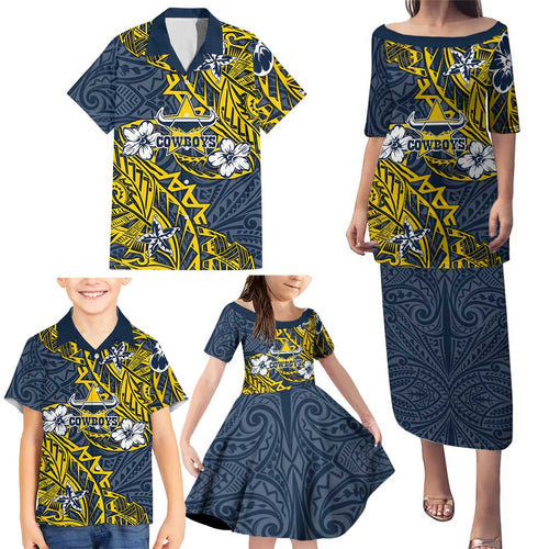 Personalised North Queensland Cowboys Family Matching Puletasi and Hawaiian Shirt Polynesian Tribal Pattern With Rugby Bull Mascot Art
