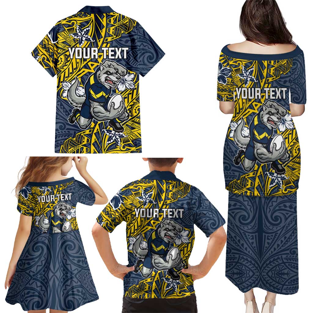 Personalised North Queensland Cowboys Family Matching Puletasi and Hawaiian Shirt Polynesian Tribal Pattern With Rugby Bull Mascot Art