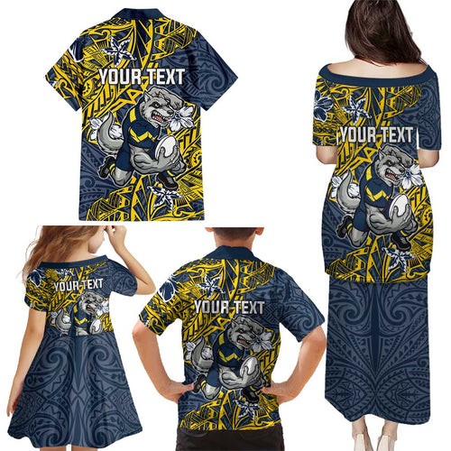 Personalised North Queensland Cowboys Family Matching Puletasi and Hawaiian Shirt Polynesian Tribal Pattern With Rugby Bull Mascot Art