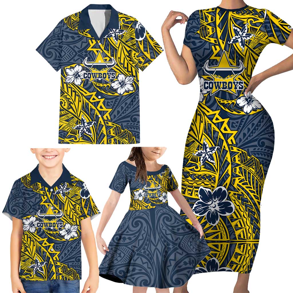 Personalised North Queensland Cowboys Family Matching Short Sleeve Bodycon Dress and Hawaiian Shirt Polynesian Tribal Pattern With Rugby Bull Mascot Art