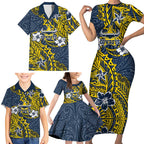 Personalised North Queensland Cowboys Family Matching Short Sleeve Bodycon Dress and Hawaiian Shirt Polynesian Tribal Pattern With Rugby Bull Mascot Art