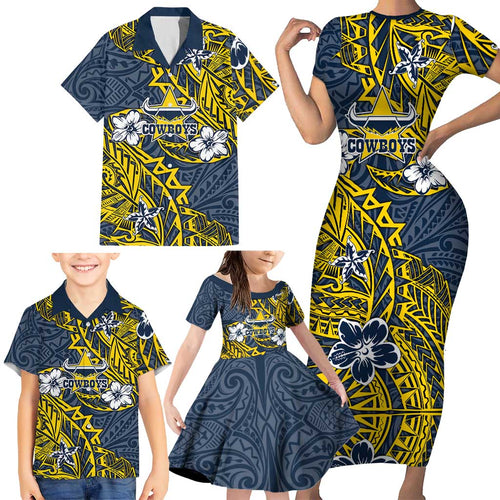 Personalised North Queensland Cowboys Family Matching Short Sleeve Bodycon Dress and Hawaiian Shirt Polynesian Tribal Pattern With Rugby Bull Mascot Art