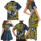 Personalised North Queensland Cowboys Family Matching Short Sleeve Bodycon Dress and Hawaiian Shirt Polynesian Tribal Pattern With Rugby Bull Mascot Art