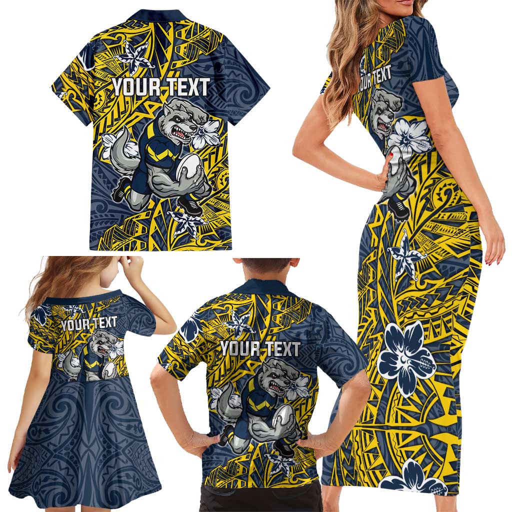 Personalised North Queensland Cowboys Family Matching Short Sleeve Bodycon Dress and Hawaiian Shirt Polynesian Tribal Pattern With Rugby Bull Mascot Art