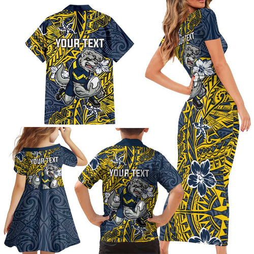 Personalised North Queensland Cowboys Family Matching Short Sleeve Bodycon Dress and Hawaiian Shirt Polynesian Tribal Pattern With Rugby Bull Mascot Art